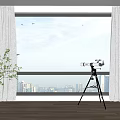 Brown And White Curtains Framing Large Window With City View Greenery Telescope Wooden Floor