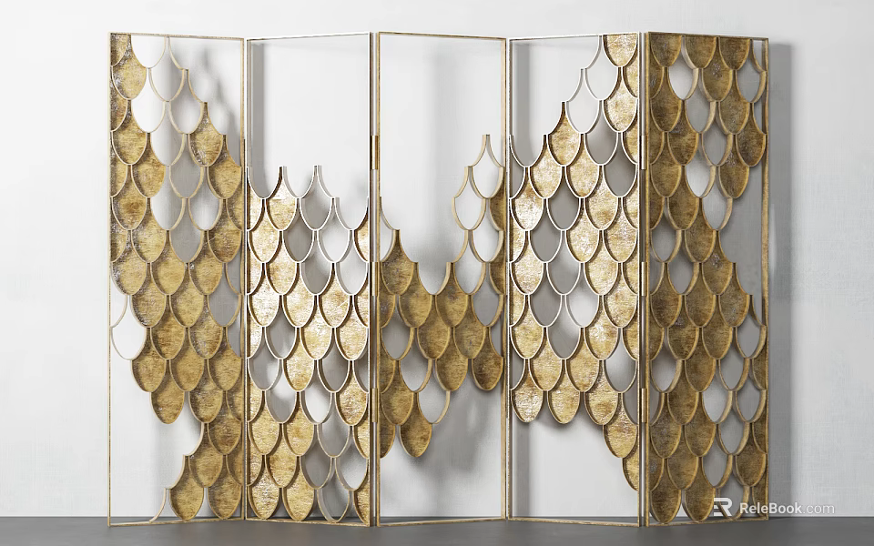 Modern Decorative Room Divider Screen With Golden Fish Scale Pattern And Metal Frame 3d model