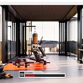 Modern Gym Fitness Setup With Large Windows Black Frames KOK Orange Punching Bag Treadmill Dumbbells Exercise Mat