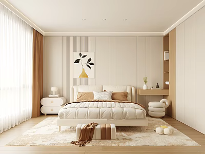 Neutral Toned Modern Bedroom Interior With Large Window Curtains And Decorative Wall Art 3d model