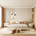 Neutral Toned Modern Bedroom Interior With Large Window Curtains And Decorative Wall Art