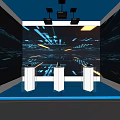 Modern Exhibition Hall With Geometric White Structures Blue Accents Display Screens And Booths