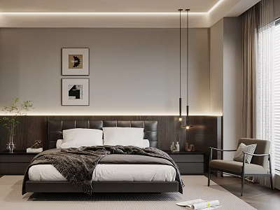 Modern Bedroom Interior Featuring Dark Headboard White Pillows Gray Throw Wall Art and Pendant Lights 3d model