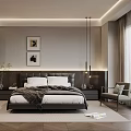 Modern Bedroom Interior Featuring Dark Headboard White Pillows Gray Throw Wall Art and Pendant Lights