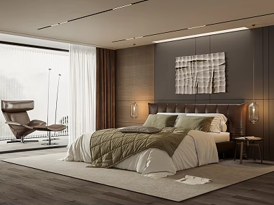 Modern Bedroom Interior With Dark Wall Decorative Painting Floor Lamp Chair And Dark Wood Rug 3d model