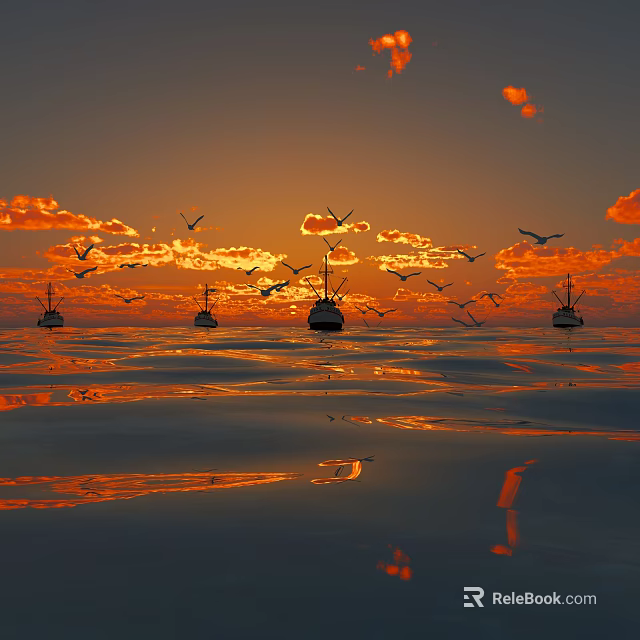 Breathtaking Sunset Seascape With Orange Clouds Seagulls And Boats On Calm Water Reflecting Golden Hues 3d model 