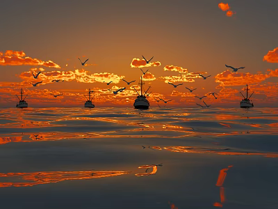Breathtaking Sunset Seascape With Orange Clouds Seagulls And Boats On Calm Water Reflecting Golden Hues 3d model