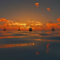 Breathtaking Sunset Seascape With Orange Clouds Seagulls And Boats On Calm Water Reflecting Golden Hues
