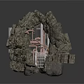 Intricate Rock Structure With Central Metal Staircase And Internal Passage 3d model