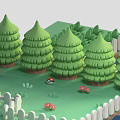 Cartoon Scene with Green Grass Trees White Fence Wooden Bridge and Water