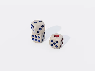 White Dice With Blue Dots And Red Center For Board Game Entertainment 3d model