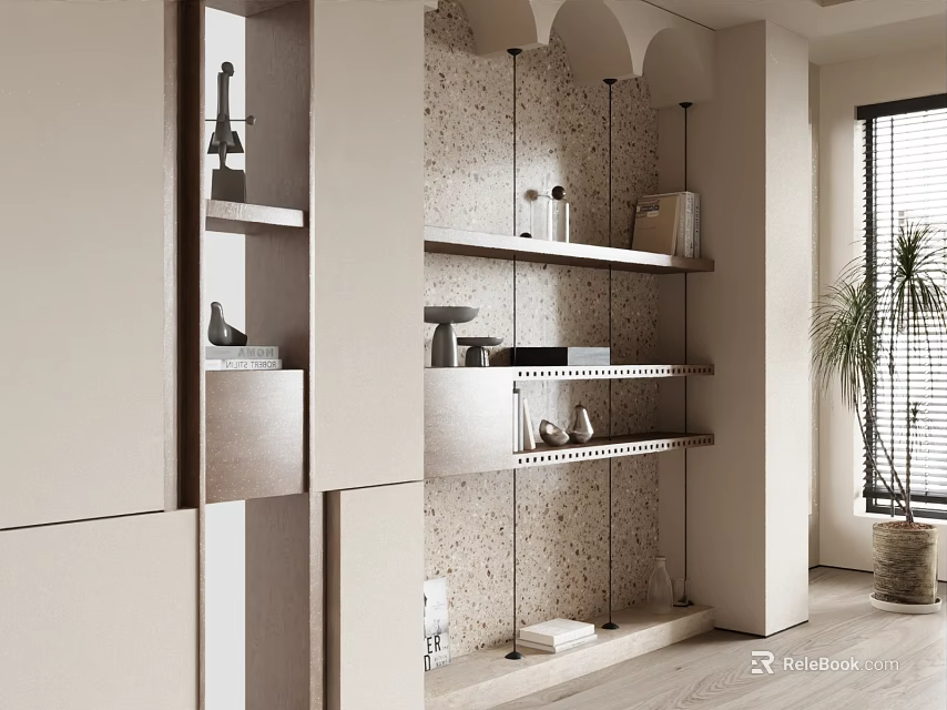 Elegant Modern Light Colored Decorative Cabinet With Open Shelves Textured Wall And Decor Items 3d model 