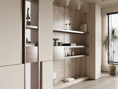 Elegant Modern Light Colored Decorative Cabinet With Open Shelves Textured Wall And Decor Items 3d model