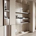 Elegant Modern Light Colored Decorative Cabinet With Open Shelves Textured Wall And Decor Items