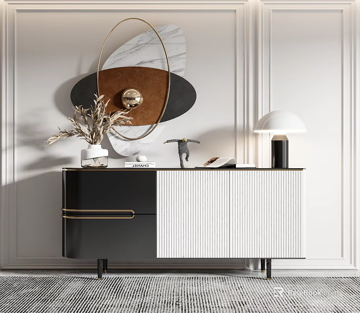Modern Black White Entryway Side Cabinet With Golden Handles Vase Dried Plants Mirror And Lamp 3d model 