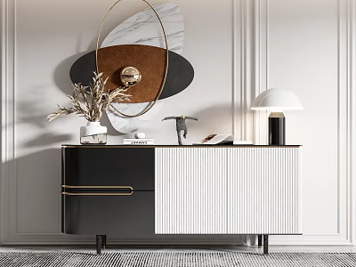 Modern Black White Entryway Side Cabinet With Golden Handles Vase Dried Plants Mirror And Lamp 3d model