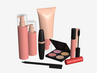 Assorted Beauty Cosmetics Collection With Pink Bottles Mascara Eyeshadow Palette Lipstick And Eyeliner 3d model