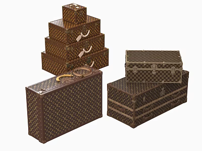 Vintage Patterned Suitcases In Different Sizes With Metal Clasps And Handles 3d model