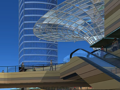 Modern Office Building With Glass Curtain Wall Pedestrian Walkway And Outdoor Stairs 3d model