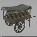 Vintage Wooden Hand Cart With Striped Canopy And Rustic Wooden Wheels