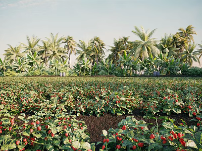Tropical Strawberry Field Scenery With Lush Palm Trees And Red Fruits 3d model