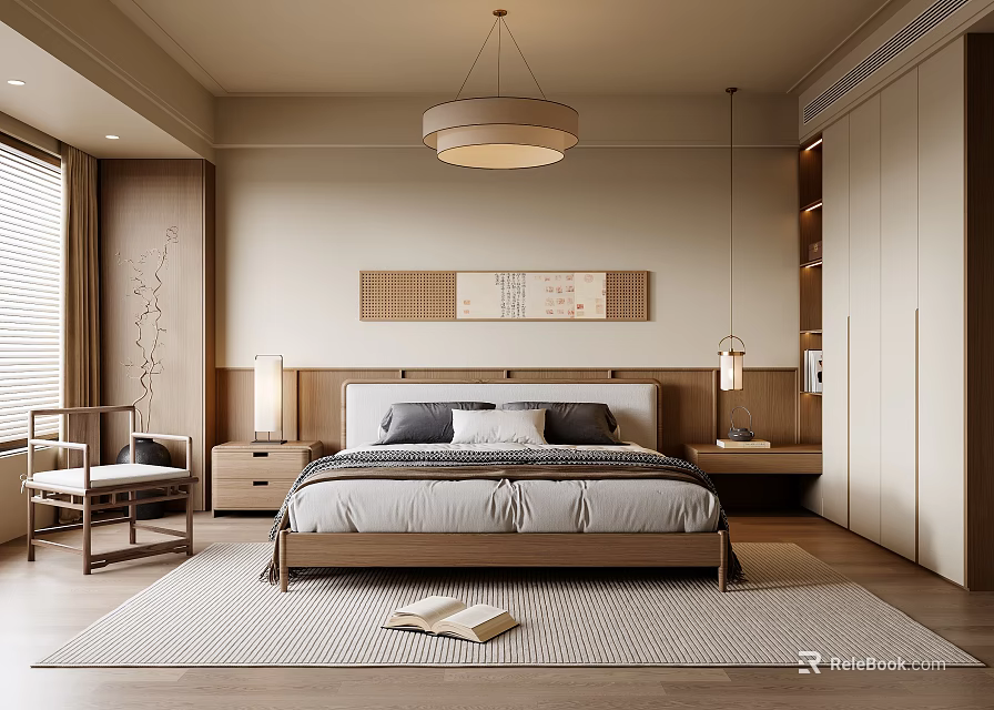 Modern Bedroom Interior Design With Wooden Bed Nightstand Wardrobe And Pendant Light 3d model 