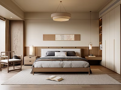 Modern Bedroom Interior Design With Wooden Bed Nightstand Wardrobe And Pendant Light 3d model
