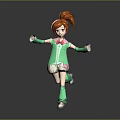 3D Anime Girl Character With Red Ponytail Green Outfit Pink Bow Green Gloves Dancing Pose