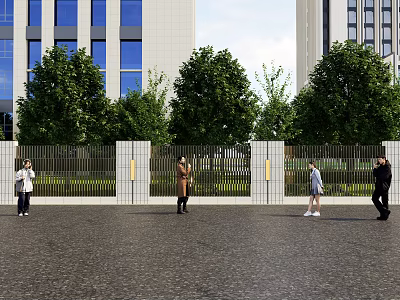 Modern Feature Wall With Columns And Trees Near Modern Buildings With People Walking 3d model