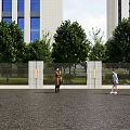 Modern Feature Wall With Columns And Trees Near Modern Buildings With People Walking