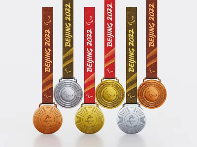 Beijing 2022 Olympic Medals With Gold Silver Bronze Designs And Colored Ribbons 3d model