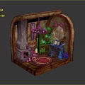 Small Cottage Interior Scene With Miniature Character And Toy Animal Decor Items