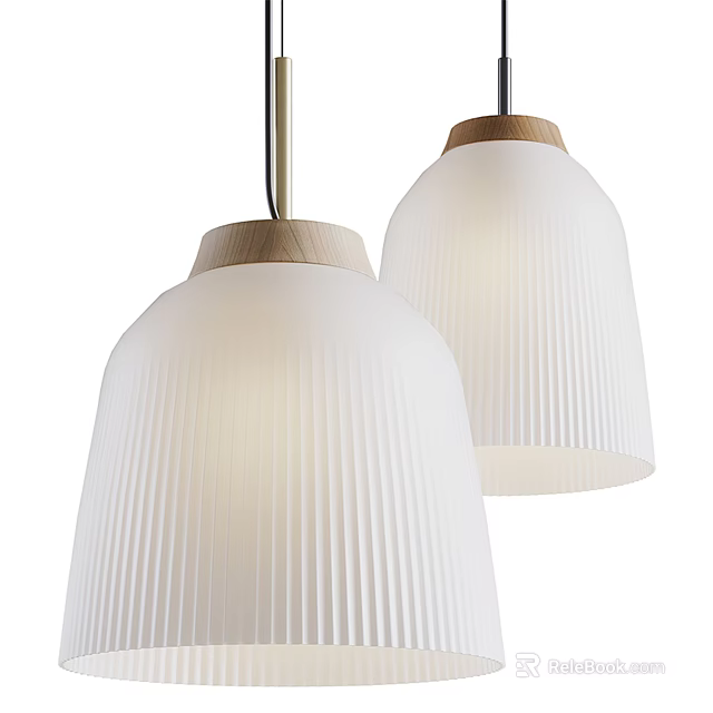 Two Modern Pendant Lights With Wooden Accents And Ribbed White Glass Shades For Interior Design 3d model 