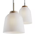 Two Modern Pendant Lights With Wooden Accents And Ribbed White Glass Shades For Interior Design