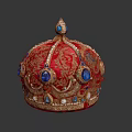 Elegant Red Decorative Crown With Gold Embroidery Blue Gemstones And Pearls