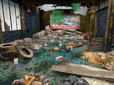 Dilapidated Building Interior with Debris Bricks Abandoned Wood Damaged Walls Hanging Lamps Poster and Weeds 3d model