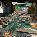 Dilapidated Building Interior with Debris Bricks Abandoned Wood Damaged Walls Hanging Lamps Poster and Weeds