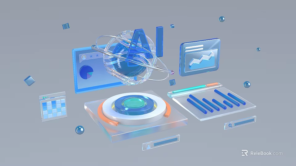 Innovative AI Technology Interface With Globe Data Charts Transparent Screens And Blue Elements 3d model 