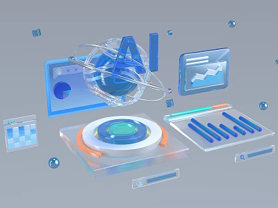 Innovative AI Technology Interface With Globe Data Charts Transparent Screens And Blue Elements 3d model