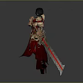 Game Movie Character in Red Black Outfit Holding Axe Sword with Long Hair and Cloak