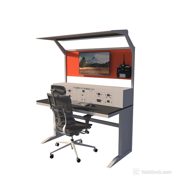 Modern Control Workstation With Display Screen Control Buttons Orange Background Intercom And Office Chair 3d model 