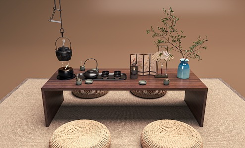 Tea Table and Chair Tea Room Cushion Tea Art Japanese-style Iron Pot Tea Set Chinese-style Tea Set Layout 3d model