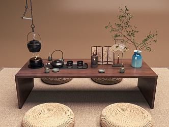 Tea Table and Chair Tea Room Cushion Tea Art Japanese-style Iron Pot Tea Set Chinese-style Tea Set Layout 3d model