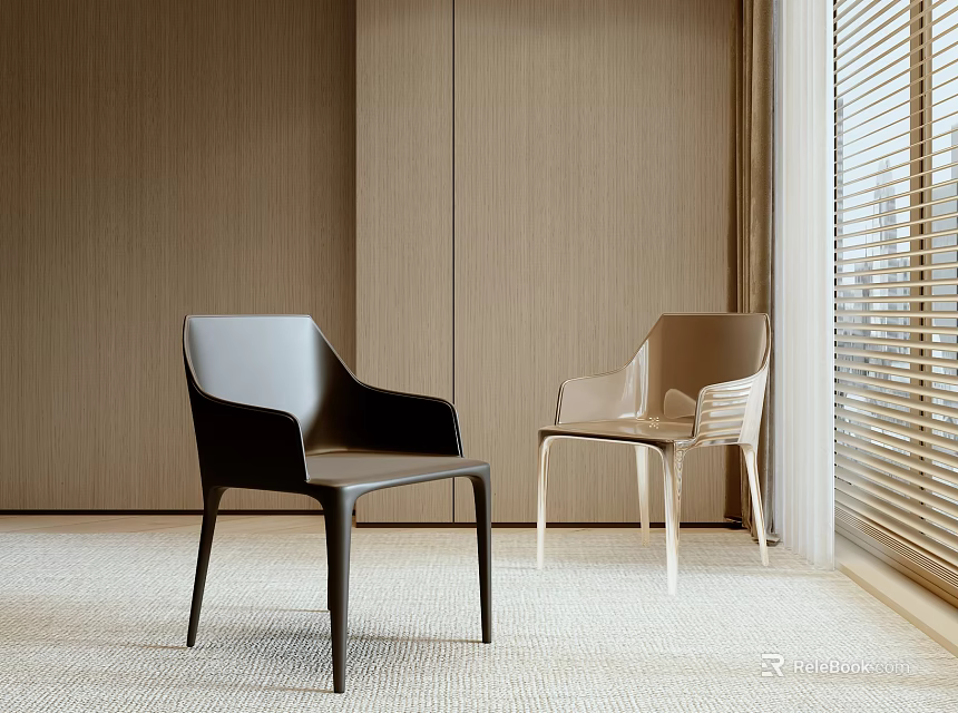Modern Black and Beige Dining Chairs in Interior With Wooden Wall and Window Blinds 3d model 