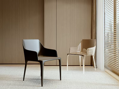 Modern Black and Beige Dining Chairs in Interior With Wooden Wall and Window Blinds 3d model