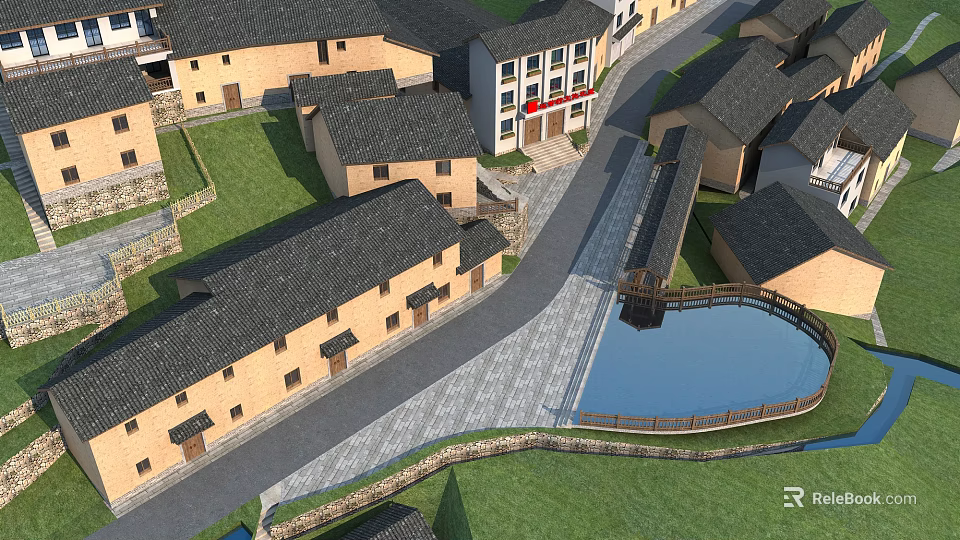 Scenic Traditional Village With Ancient Buildings Stone Pavement And Pond 3d model 