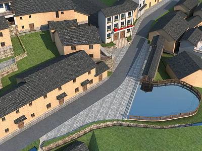 Scenic Traditional Village With Ancient Buildings Stone Pavement And Pond 3d model