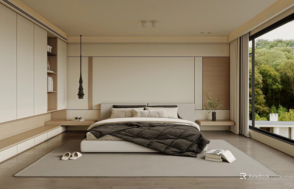 Minimalist Modern Bedroom Interior Design With Natural Light Wooden Headboard And Greenery View 3d model 