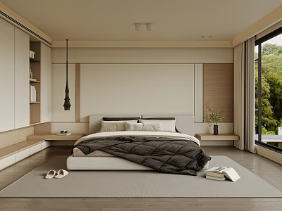 Minimalist Modern Bedroom Interior Design With Natural Light Wooden Headboard And Greenery View 3d model