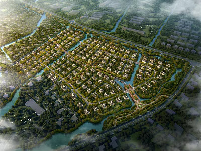 Aerial View Planning of Residential Community With River Green Spaces and Systematic Layout 3d model